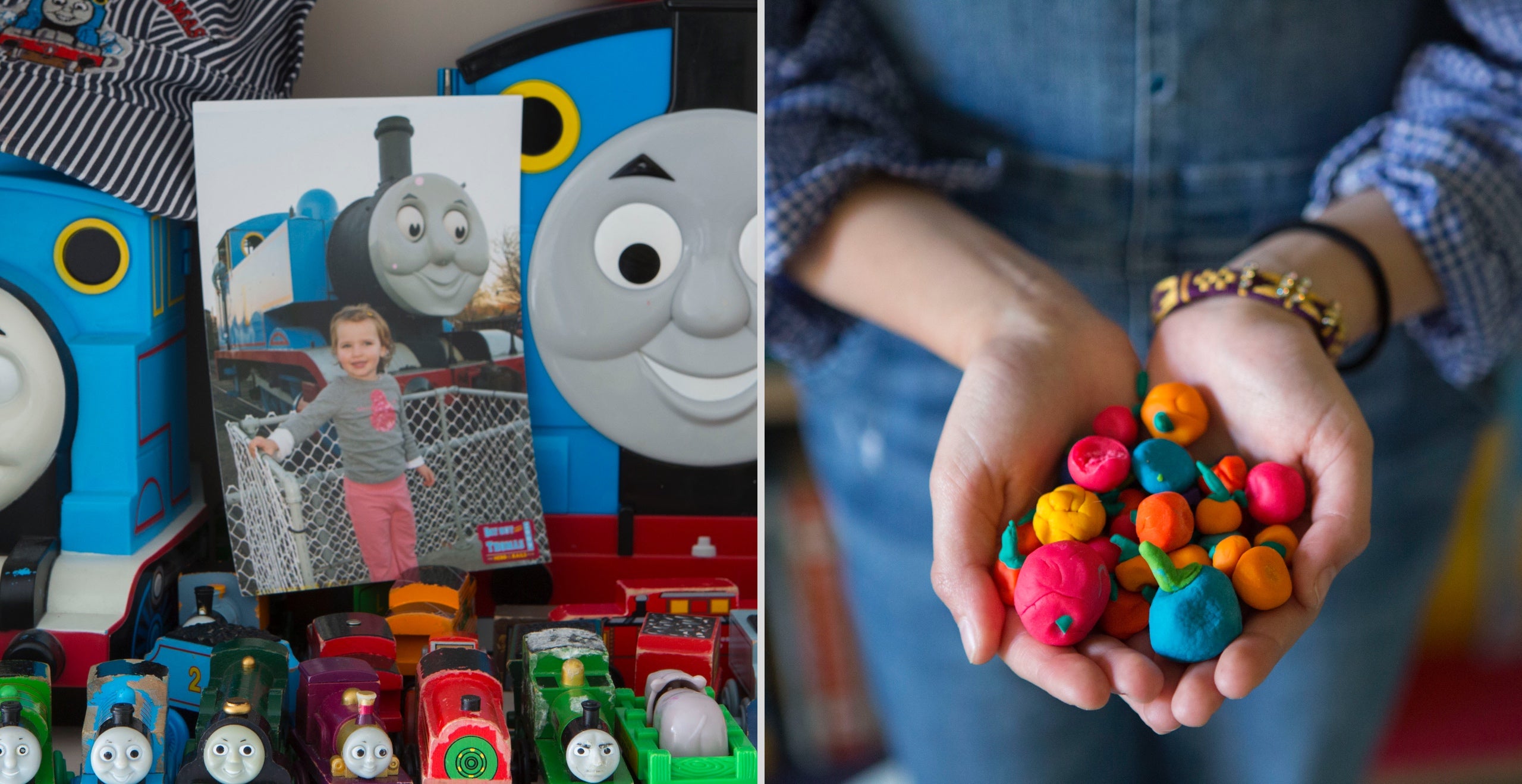 Mary&rsquo;s toy train engines collected since she was 2 and a handful of tiny pumpkins