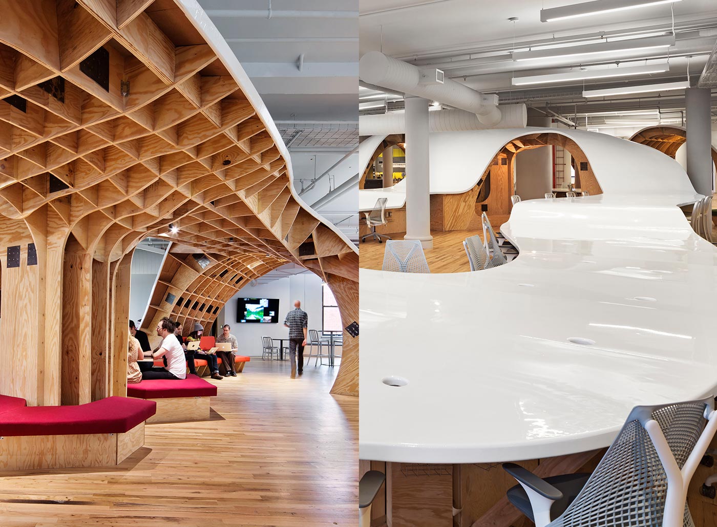 <strong>THE BARBARIAN GROUP: NEW YORK CITY |</strong> This marketing firm’s office is ruled by a flowing plywood-and-resin sculpture that twists and turns to create workspaces, shelving units, and a cavernous meeting space